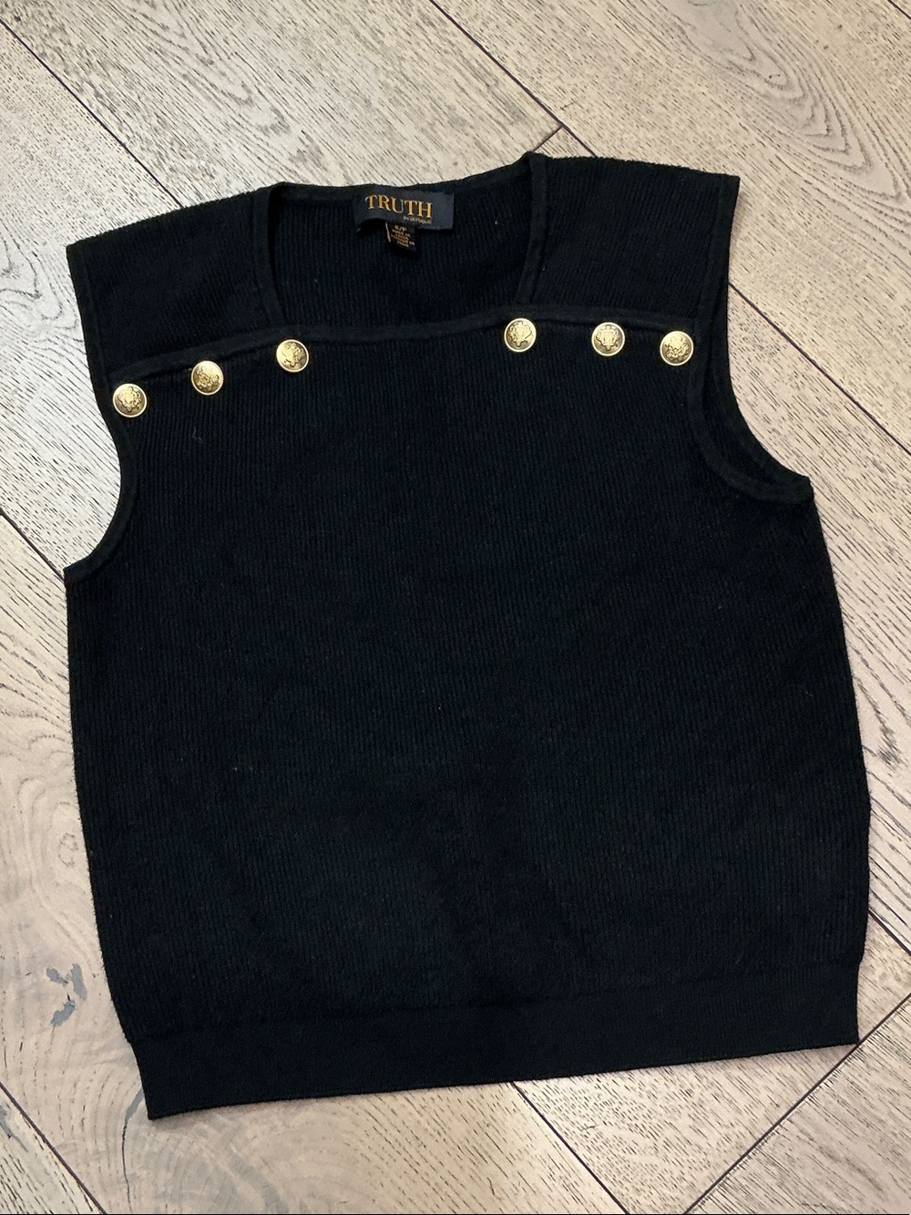 Woman’s Truth by Republic black knit top with brass buttons. Small. Square neck.